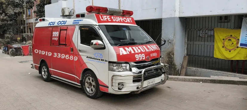 Ambulance BD 24 ICU and CCU life support ambulance with the 01919-339689 hotline, Dhaka