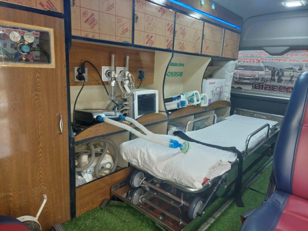 ICU ambulance interior with ventilator, monitor and life support equipment in Dhaka